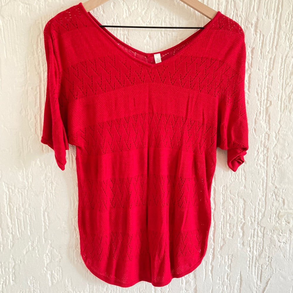 Red Open Knit Short Sleeve Blouse Size Small